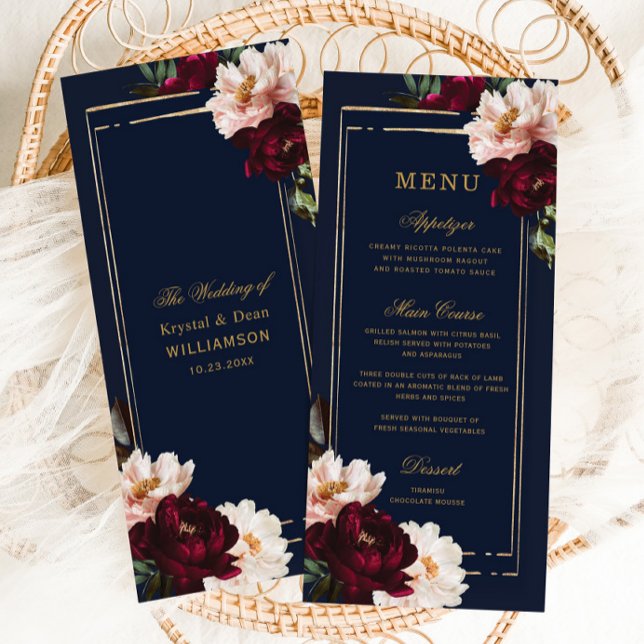 Dark Moody Burgundy Blush Navy Blue Floral Wedding Menükarte (Von Creator hochgeladen)