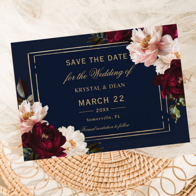 Dark Moody Burgundy Blush Navy Blue Floral Wedding Save The Date (Von Creator hochgeladen)