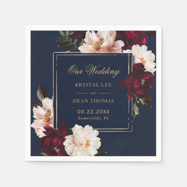 Dark Moody Burgundy Blush Navy Blue Floral Wedding Serviette (Vorderseite)