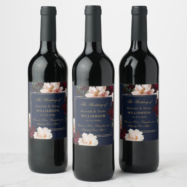 Dark Moody Burgundy Blush Navy Blue Floral Wedding Weinetikett (Flaschen)