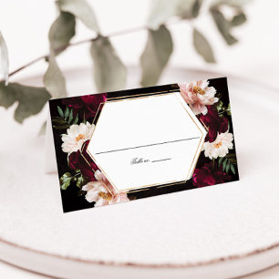Dark Moody Burgundy Blush Peonies Floral Wedding Platzkarte