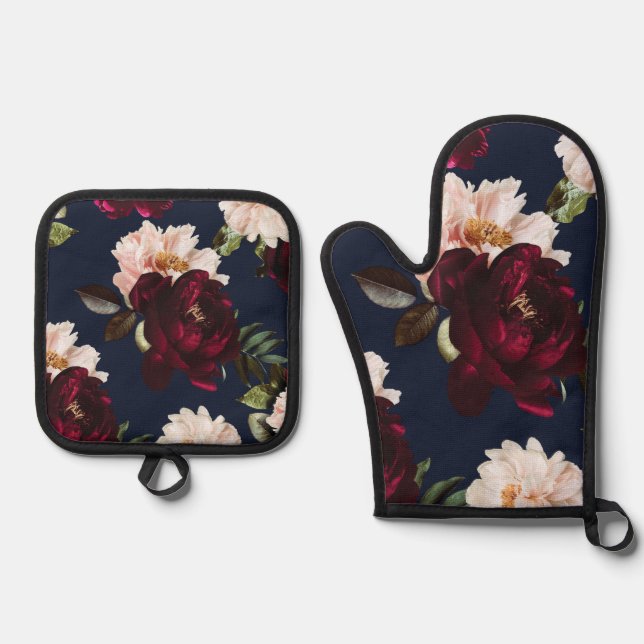Dark Moody Burgundy Blush Peony Floral Navy Blue Ofenhandschuh & Topflappen-Set (Vorderseite)