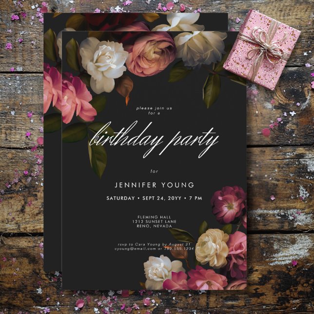 Dark Moody Burgundy & Cream Peonies Black Birthday Einladung (Dark Moody Burgundy & Cream Peonies Black Birthday Invitation)
