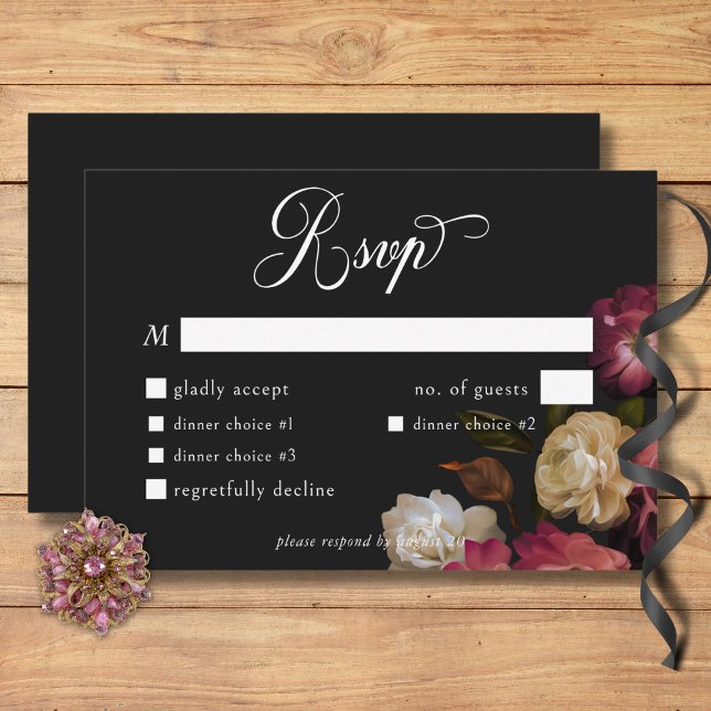 Dark Moody Burgundy & Cream Peonies Black Dinner RSVP Karte (Dark Moody Burgundy & Cream Peonies Black Dinner RSVP Card)