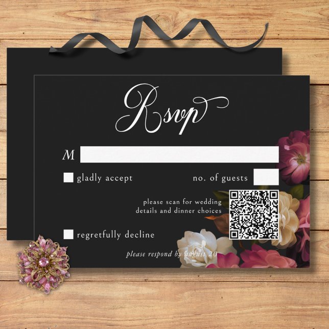 Dark Moody Burgundy & Cream Peonies Black QR Code RSVP Karte (Dark Moody Burgundy & Cream Peonies Black QR Code RSVP Card)