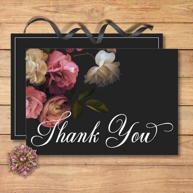 Dark Moody Burgundy & Cream Peonies Black Wedding Dankeskarte (Dark Moody Burgundy & Cream Peonies Black Wedding Thank You Card)