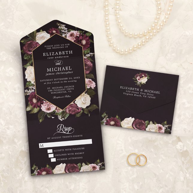 Dark Moody Burgundy Floral Elegant Wedding All In One Einladung (Von Creator hochgeladen)