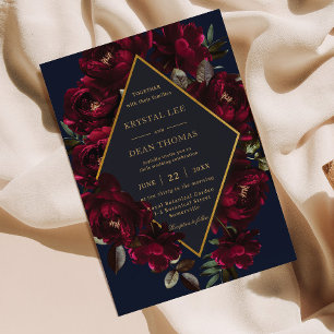Dark Moody Burgundy Navy Blue Floral Wedding Einladung