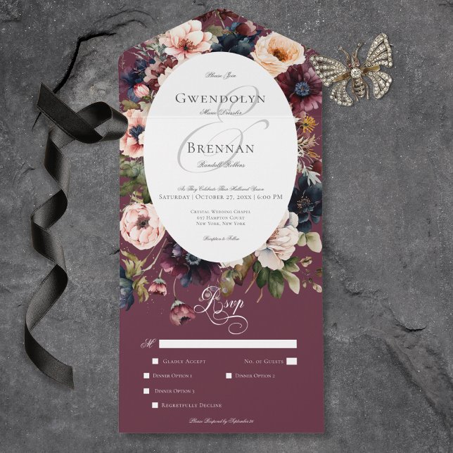 Dark Moody Burgundy Oval Floral Frame Dinner All In One Einladung (Dark Moody Burgundy Oval Floral Frame Dinner All In One Invitation)