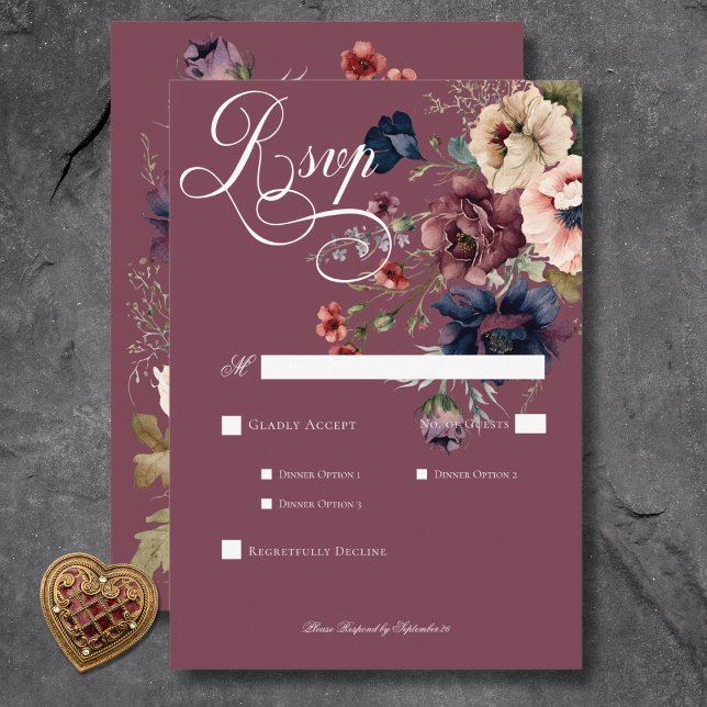 Dark Moody Burgundy Oval Floral Frame Dinner RSVP Karte (Dark Moody Burgundy Oval Floral Frame Dinner RSVP Card)