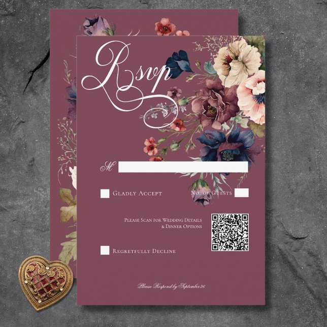 Dark Moody Burgundy Oval Floral Frame QR Code RSVP Karte (Dark Moody Burgundy Oval Floral Frame QR Code RSVP Card)