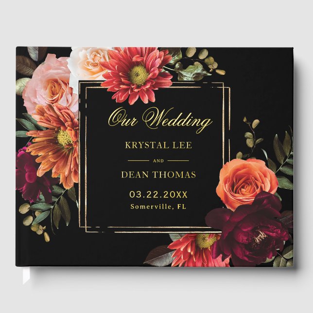 Dark Moody Burgundy Rust Orange Floral Wedding Gästebuch (Vorderseite)