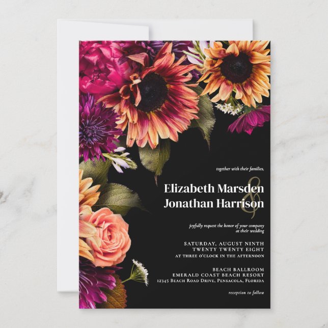 Dark Moody Burgundy Yellow Floral Boho Black Einladung (Vorderseite)