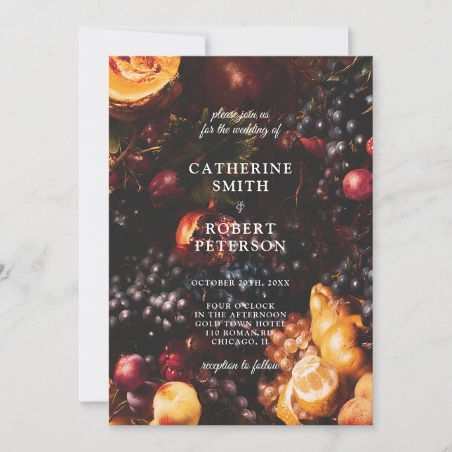 Dark Moody Elegant Burgundy Fruit Wedding Einladung (Vorderseite)