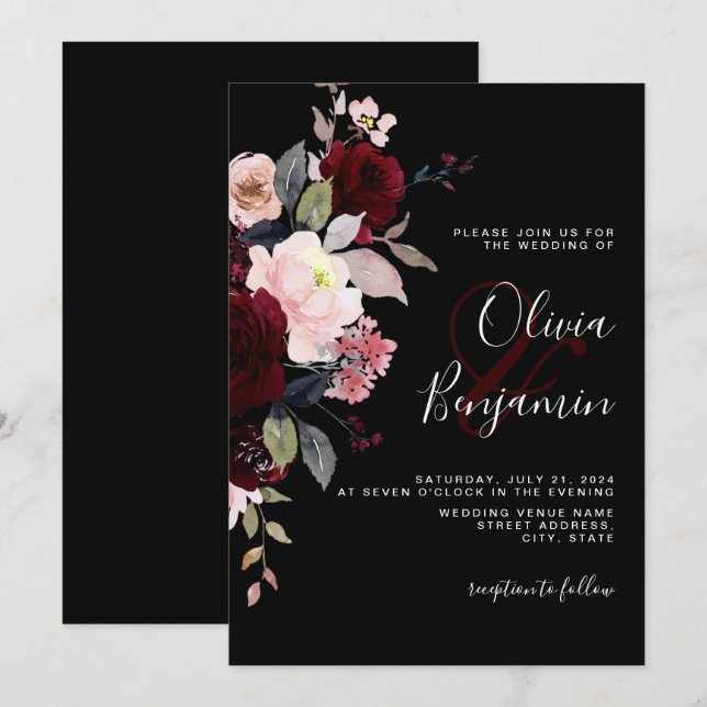 Dark Moody Elegant Floral Black Burgundy Wedding Einladung (Vorne/Hinten)