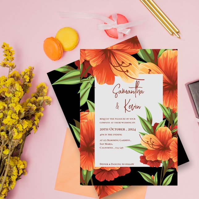 Dark Moody Elegant Orange Floral Wedding Einladung (Dark Moody Elegant Orange Floral Wedding Invitation)