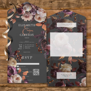 Dark Moody Fall Burgundy & Cream Peonies QR Code All In One Einladung