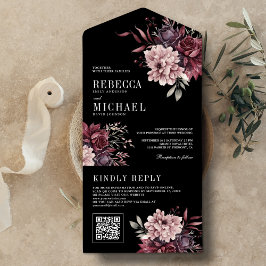 Dark Moody Floral Black QR Code Hochzeit All In One Einladung