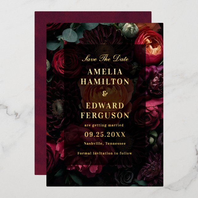 Dark Moody Floral Elegant Wedding Save the Date Folieneinladung (Vorderseite/Rückseite)