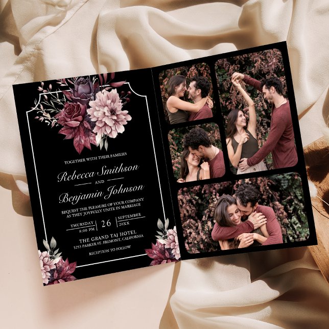 Dark Moody Floral Frame Black QR Code Wedding Einladung (Von Creator hochgeladen)