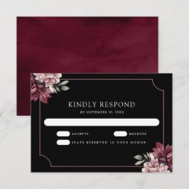 Dark Moody Floral Frame Black Wedding RSVP Karte