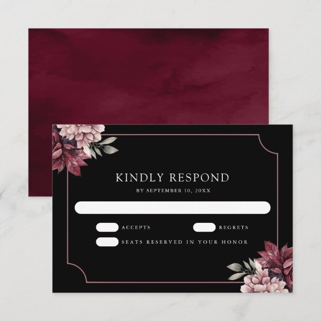 Dark Moody Floral Frame Black Wedding RSVP Karte (Vorne/Hinten)