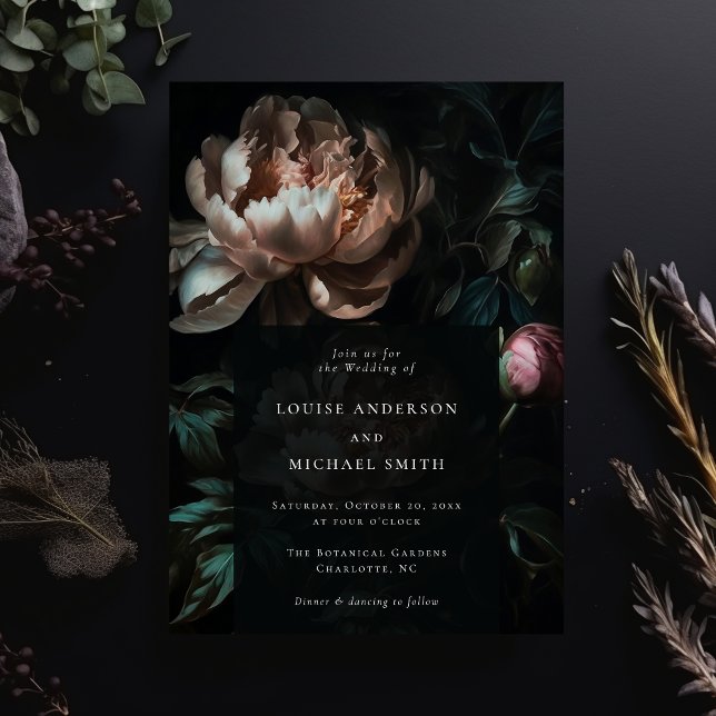 Dark Moody Floral Romantic Black Peony Wedding Einladung (Von Creator hochgeladen)