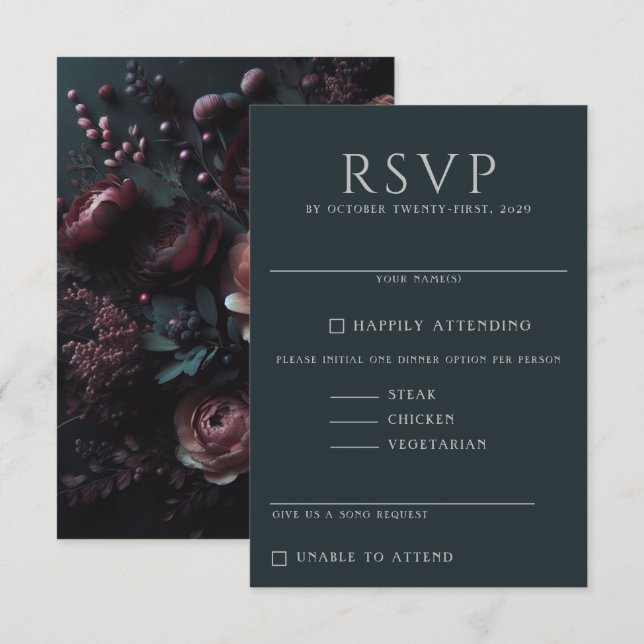 Dark Moody Floral RSVP Karte (Vorne/Hinten)