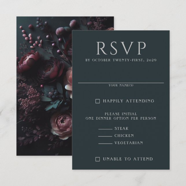 Dark Moody Floral RSVP Karte (Vorne/Hinten)