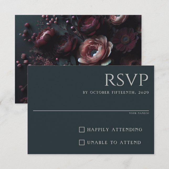 Dark Moody Floral RSVP Karte (Vorne/Hinten)