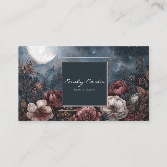 Dark Moody Floral Starry Night Full Moon Visitenkarte (Vorderseite)