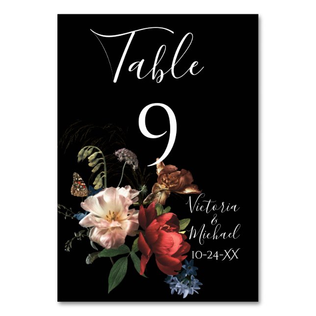 Dark & Moody Floral Wedding Tischnummer Cards (Vorderseite)