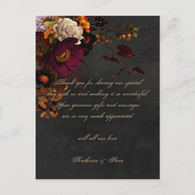 Dark Moody Floral Wedding Vielen Dank Karten Postc (Vorderseite)