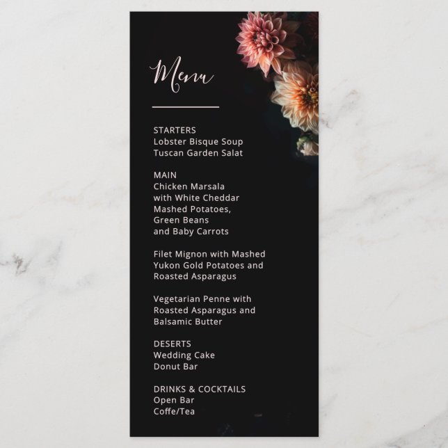 Dark Moody Flowers Chrysanthemum Wedding Menükarte (Vorderseite)