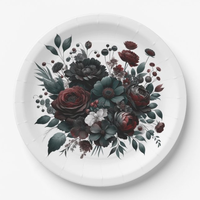 Dark Moody Forest Blume Elegante Blumenhochzeit Pappteller (Vorderseite)