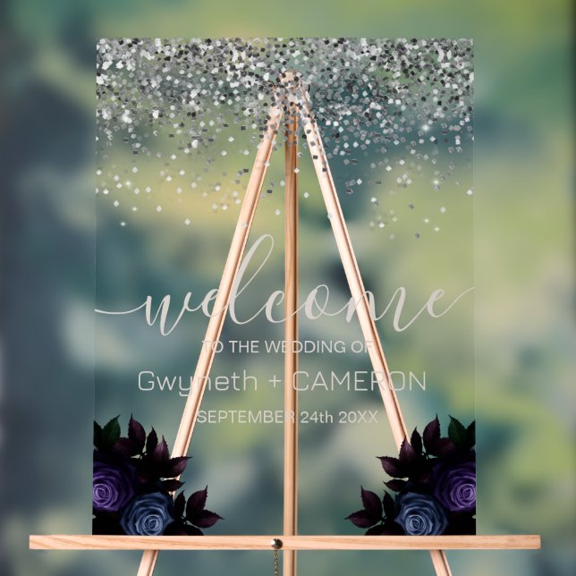 Dark Moody Glitzer Silver Navy Blue Florals Acrylschild (Neutral)