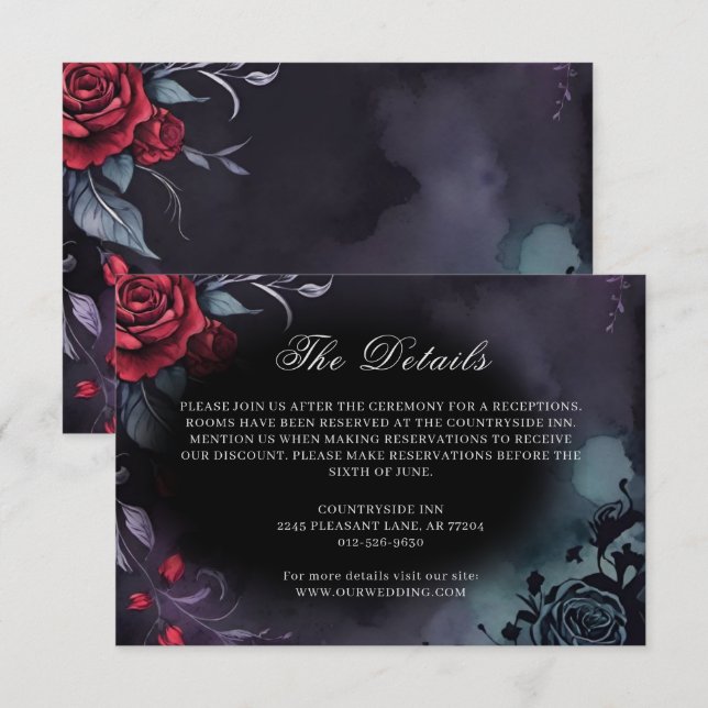 Dark Moody Gothic Rote Rose Lila Hochzeit Begleitkarte (Vorne/Hinten)