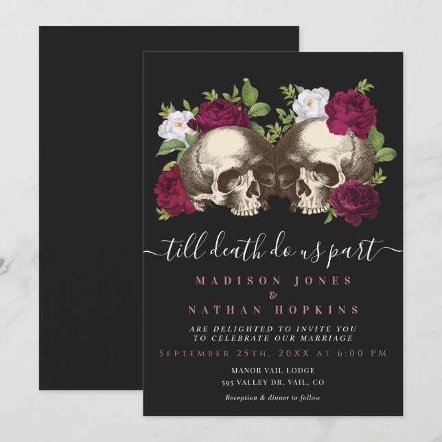 Dark Moody Gothic Skull Floral Wedding Einladung (Vorne/Hinten)