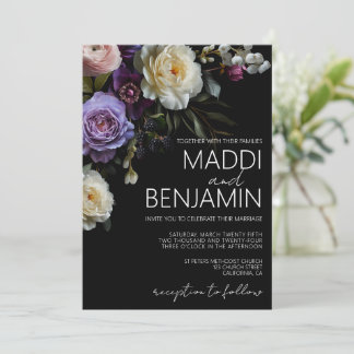Dark Moody Lila Floral Wedding Einladung