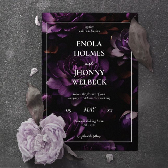 Dark Moody Lila Floral Wedding Einladung (Dark Moody Purple Floral Wedding Invitation)