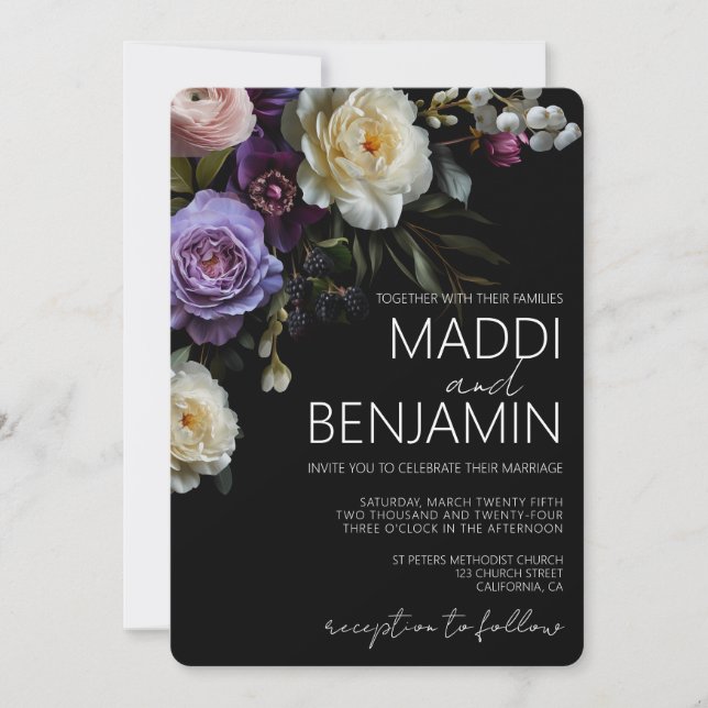 Dark Moody Lila Floral Wedding Einladung (Vorderseite)