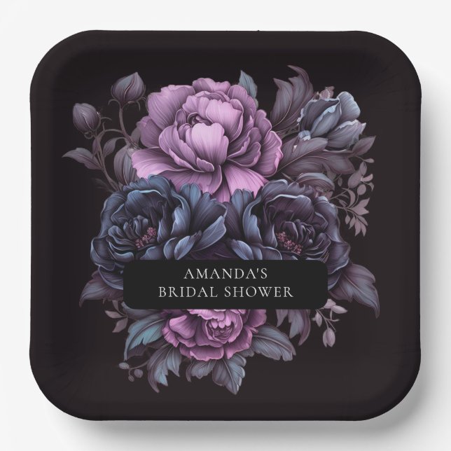 Dark Moody Lila Florals Brautparty Pappteller (Vorderseite)