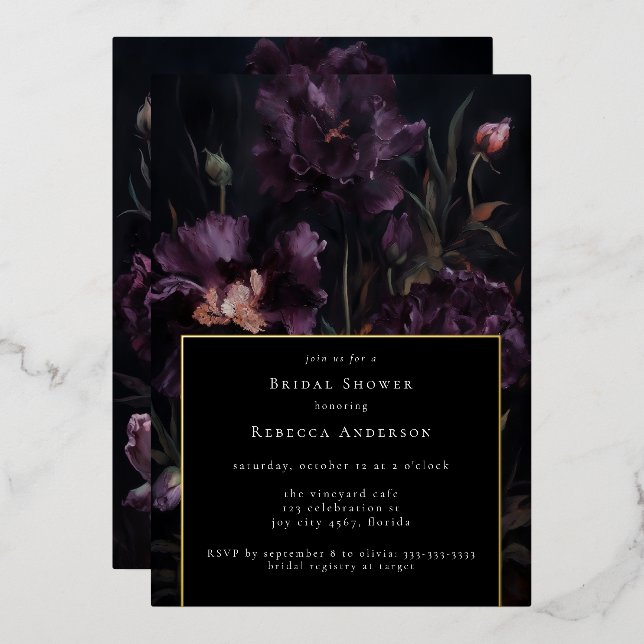 Dark Moody Lila Gothic Florals Brautparty Folieneinladung (Vorderseite/Rückseite)