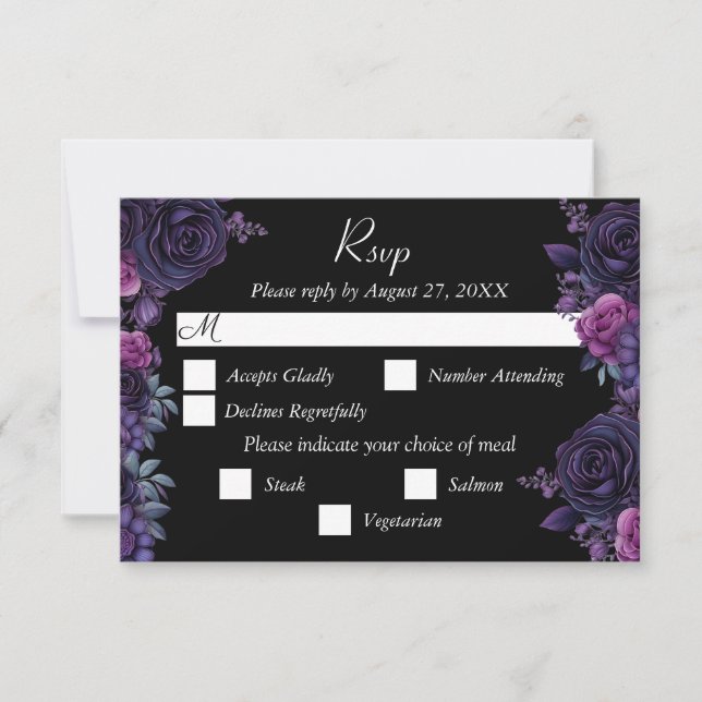 Dark Moody Lila Gothic Florals Wedding RSVP Card (Vorderseite)