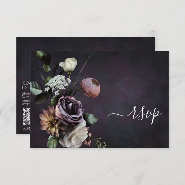 Dark Moody Lila Script Floral QR Code RSVP Card (Vorne/Hinten)