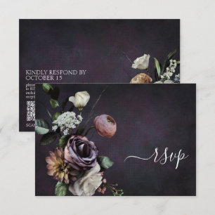 Dark Moody Lila Script Floral QR Code RSVP Card Karte