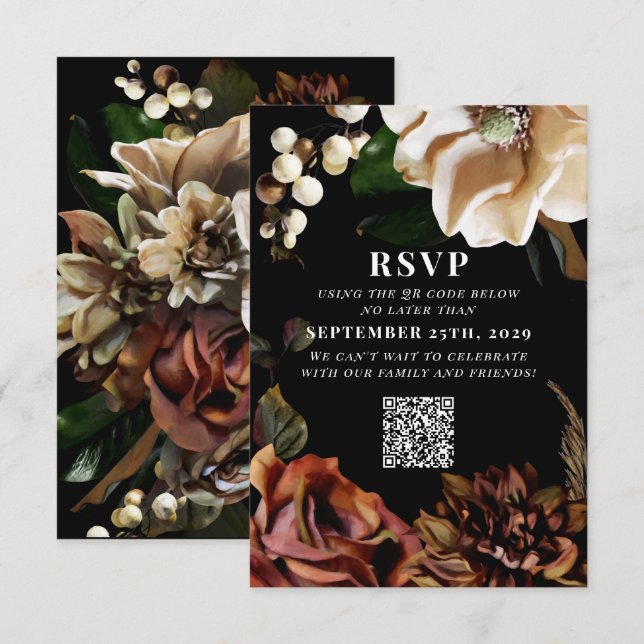 Dark Moody Magnolia Wedding QR Code Bitte beantwor RSVP Karte (Vorne/Hinten)