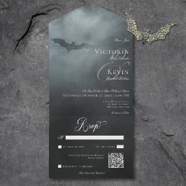 Dark Moody Midnight Bat & Fog QR Code Wedding All In One Einladung