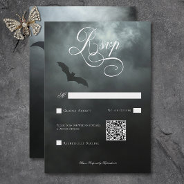 Dark Moody Midnight Bat & Fog Wedding QR Code RSVP Karte