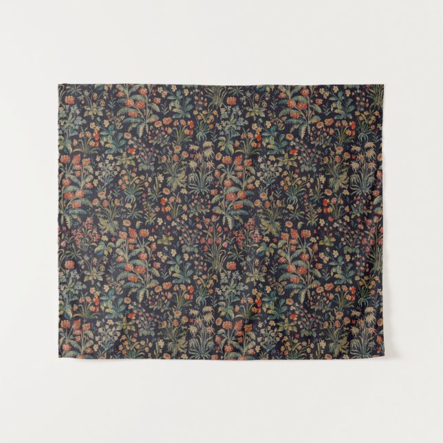 Dark Moody Midnight Forest Floral Botanical Wandteppich (Vorderseite (Horizontal))